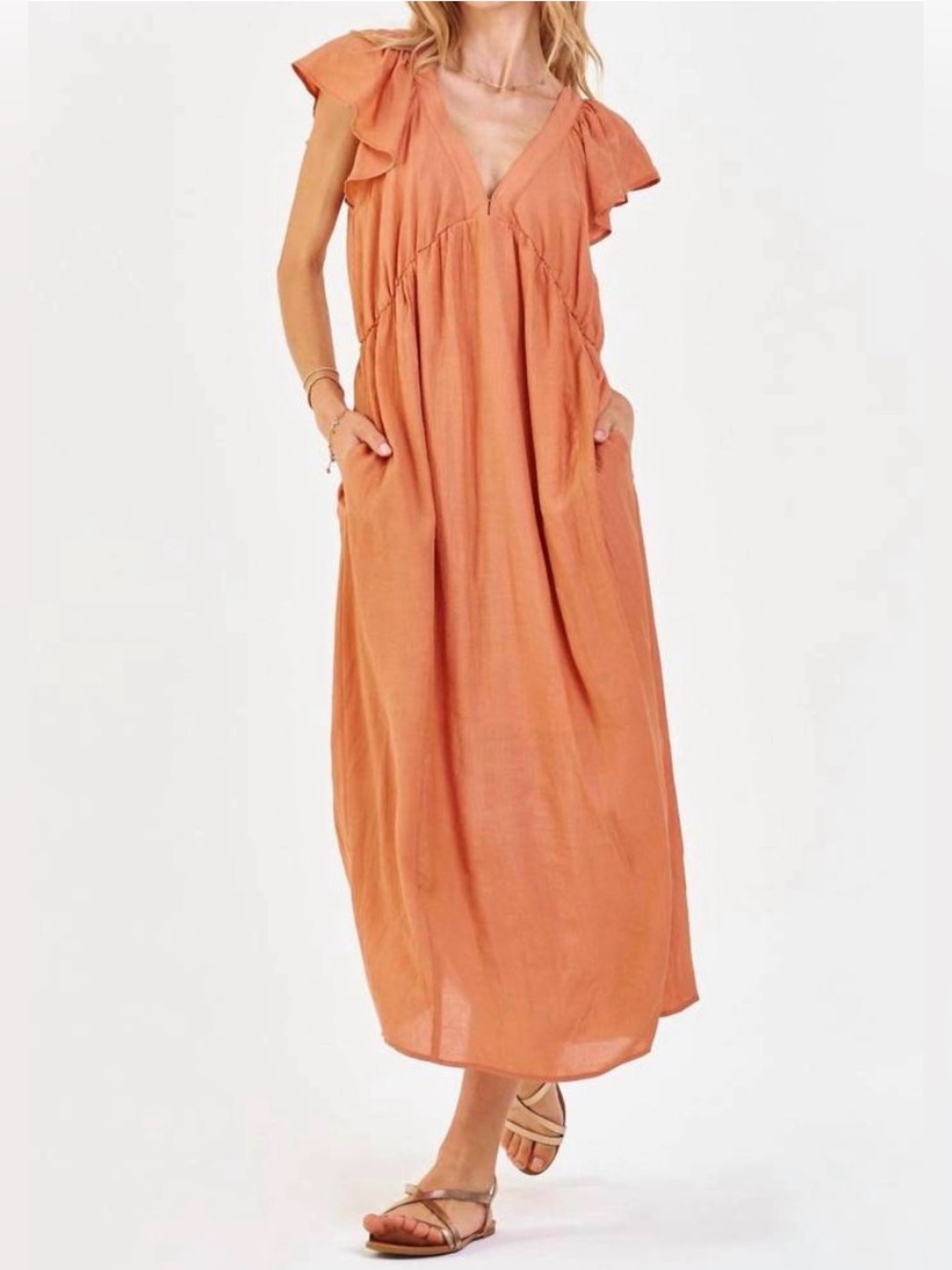 Dear John Lottie Deep V Midi Dress In Soft Apricot With Pockets Size Small EUC